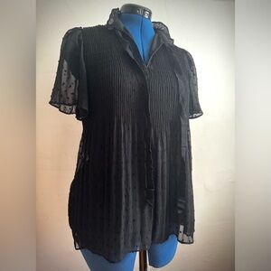 Max Studio Black Sheer Clip Dot Flutter Sleeve Top with Ruffled High Split Neck